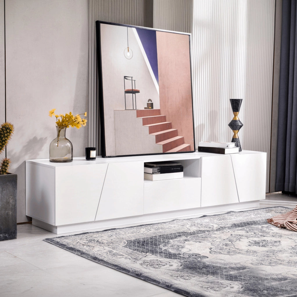 Mobile TV moderno in MDF bianco con design a patchwork diagonale, 170x42x37 cm