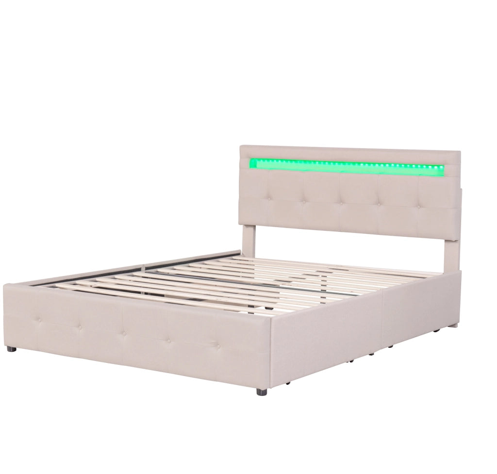 Letto Imbottito con LED, Contenitore e Testiera ¨C MINIMAL ¨C 140x200, Beige, 4 Cassetti