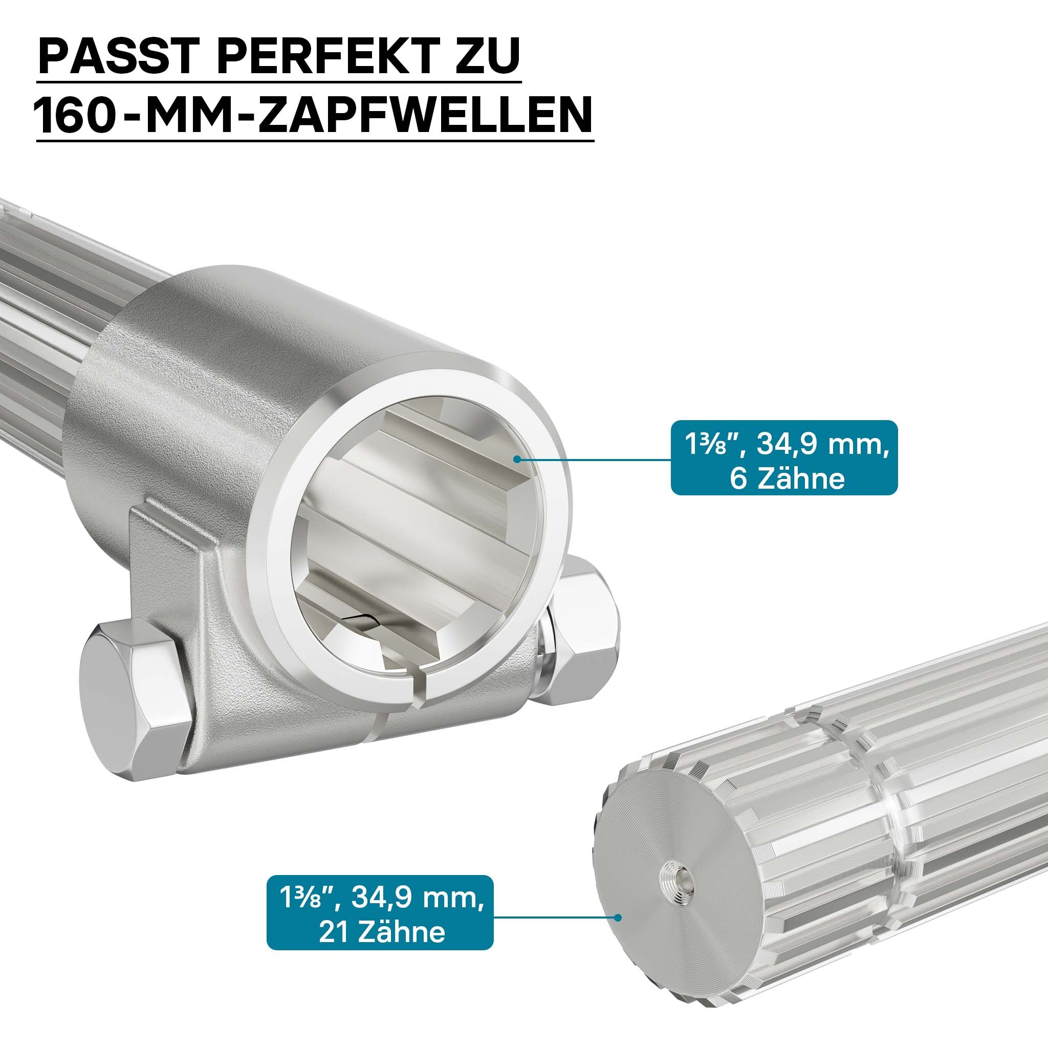 Boccola albero cardanico 160 mm Attacco albero scanalato 1 3/8" 6D Albero uscita 1 3/8" 21D Trattore