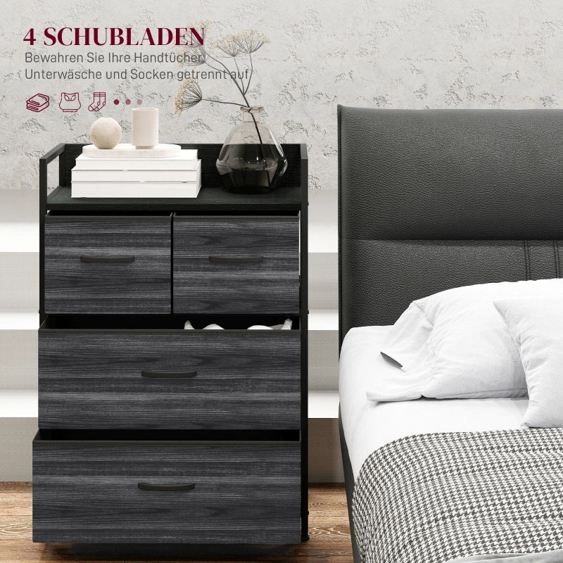 Mobile contenitore con 4 cassetti in tessuto, ripiano superiore, stile industriale, per soggiorno, nero, 60 × 29 × 85 cm