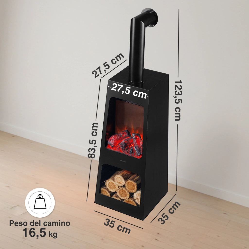 KAMINIO Caminetto elettrico da giardino con tubo KAI L - Stufa de terrazzo  elettrico con riscaldamento, effetto fiamma 3D, luce ambiente a LED, scomparto de legno, telecomando - Large, Nero