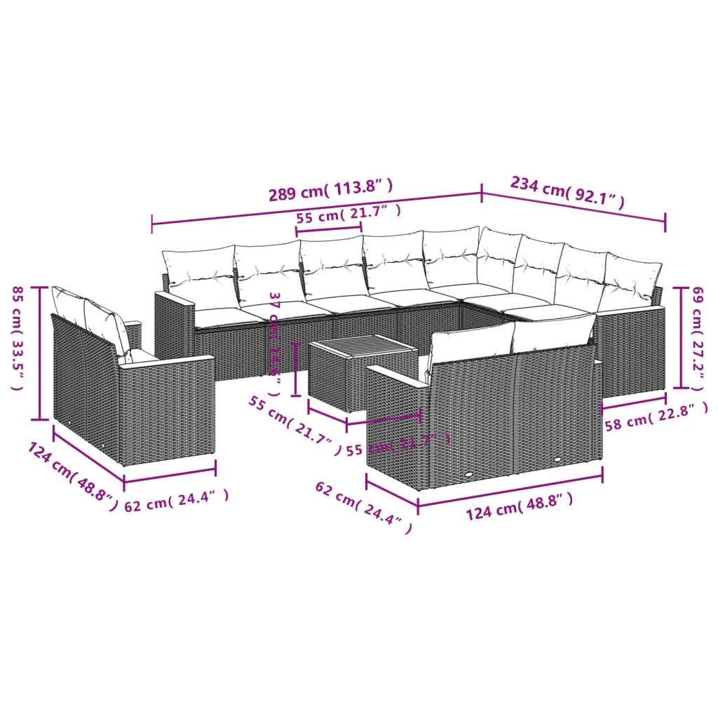 Set Divani da Giardino 13pz con Cuscini Nero in Polyrattan 3258920