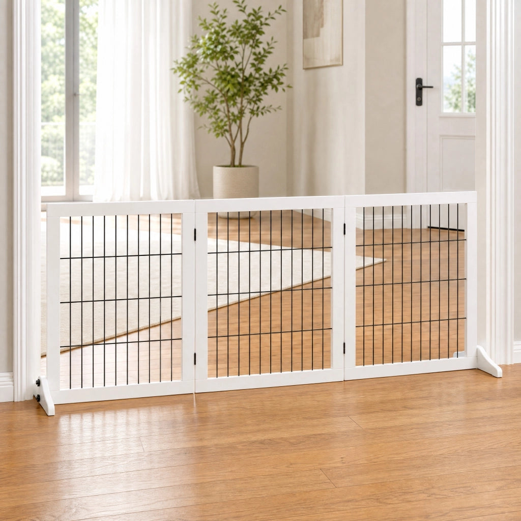 Cancello di sicurezza per cani 185x36x71 cm pieghevole a 3 pannelli in legno bianco