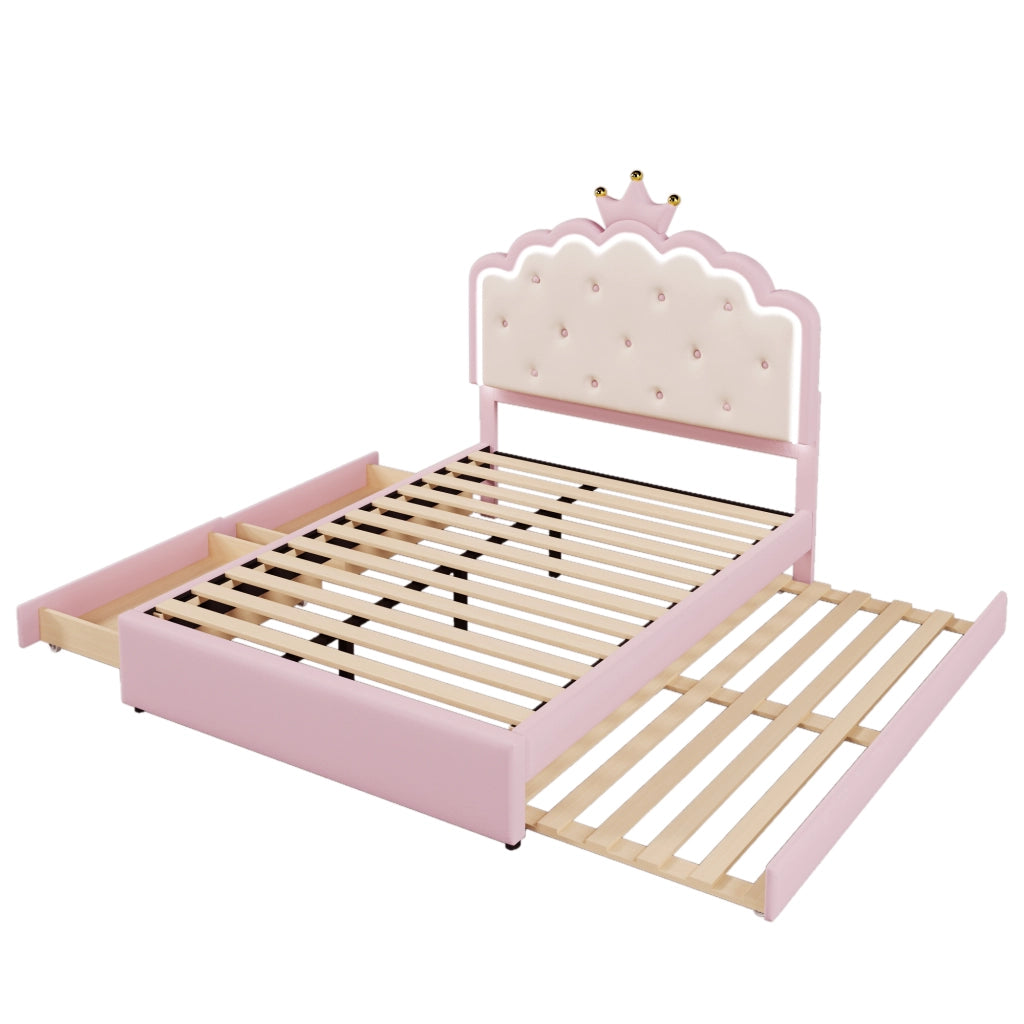 Letto per bambini imbottito 140x200 cm in PU rosa, con rete a doghe, letto estraibile, 2 cassetti e LED