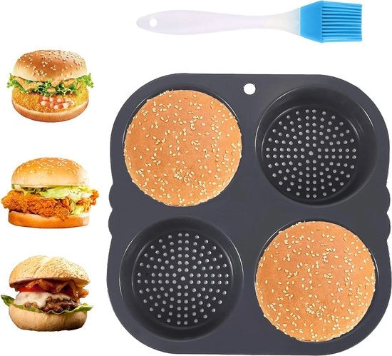 Pannetto per Hamburger a 6 Fessure - Spazzola per Ungere in Silicone - Muffin di Hamburger - Rond - 10 cm di Diametro - B-4 Fessure