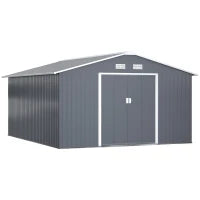 Casetta da Giardino 12.4m² con Fondazione, 4 Prese d'Aria e 2 Porte Scorrevoli, Capanno Porta Attrezzi in Lamiera d'Acciaio, 340x386x200 cm, Giallo