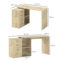 Scrivania Angolare per PC con 3 Cassetti e Ripiani Aperti, in Legno e Metallo, 117x83.5x76 cm, Noce
