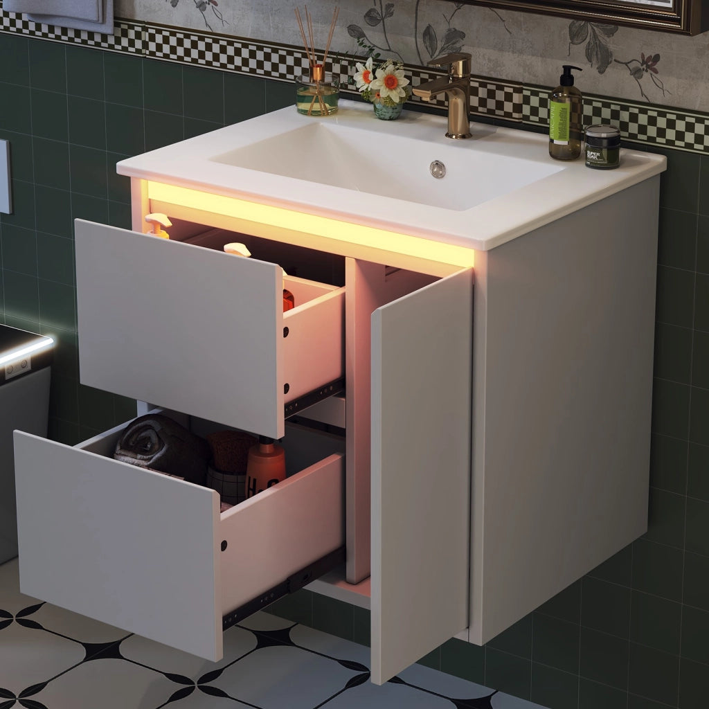 Mobile sottolavabo con 2 cassetti, 1 armadietto, LED a sensore e lavabo integrato per bagno, bianco 61 × 46,5 × 57 cm