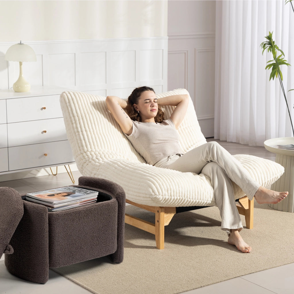 Poltrona pouf in velluto a coste; imbottitura morbida; supporto schiena; bianco; 1 posto