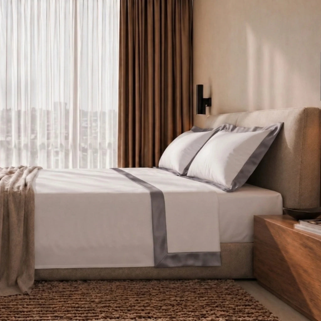 Set Lenzuola Letto Una Piazza e Mezza 100% Cotone | Lenzuolo Piano 190x295 cm, Lenzuolo con Angoli 130x200 cm e 1 Federa Coordinata | Lenzuola con Balza Decorativa in Raso Grigio