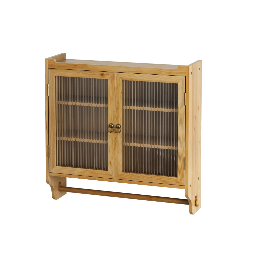Pensile con 2 Ante; 3 Ripiani rimovibili e Portaasciugamani per Bagno in Legno; 63×18×60 cm; Naturale