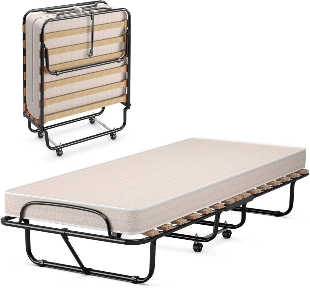 Letto Singolo Pieghevole per Ospiti, 80x190 cm, con Materasso in Memory Foam, Struttura in Metallo, 4 Ruote, Portata 130 kg