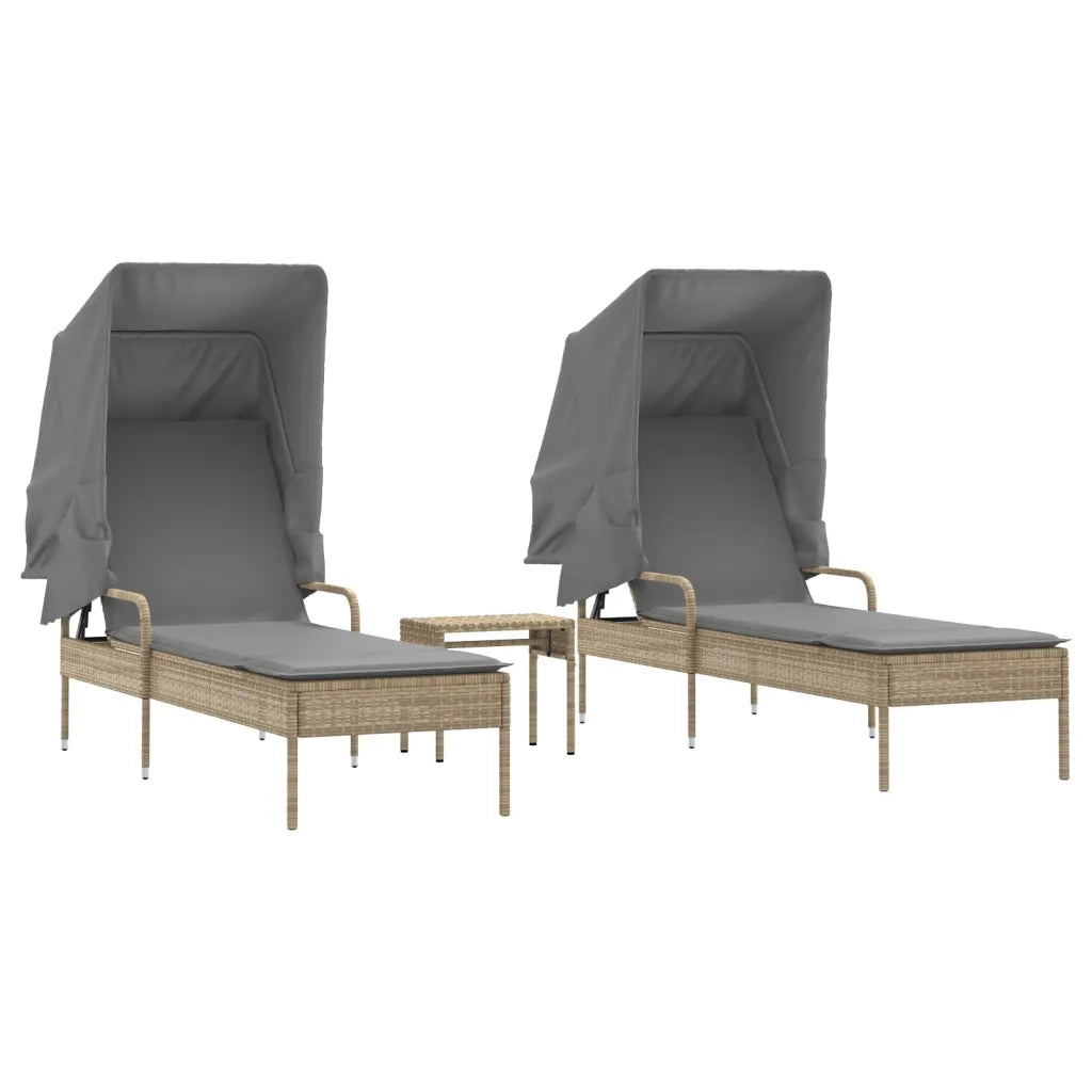 Lettini Prendisole 2 pz con Baldacchino e Tavolino Polyrattan 3261572