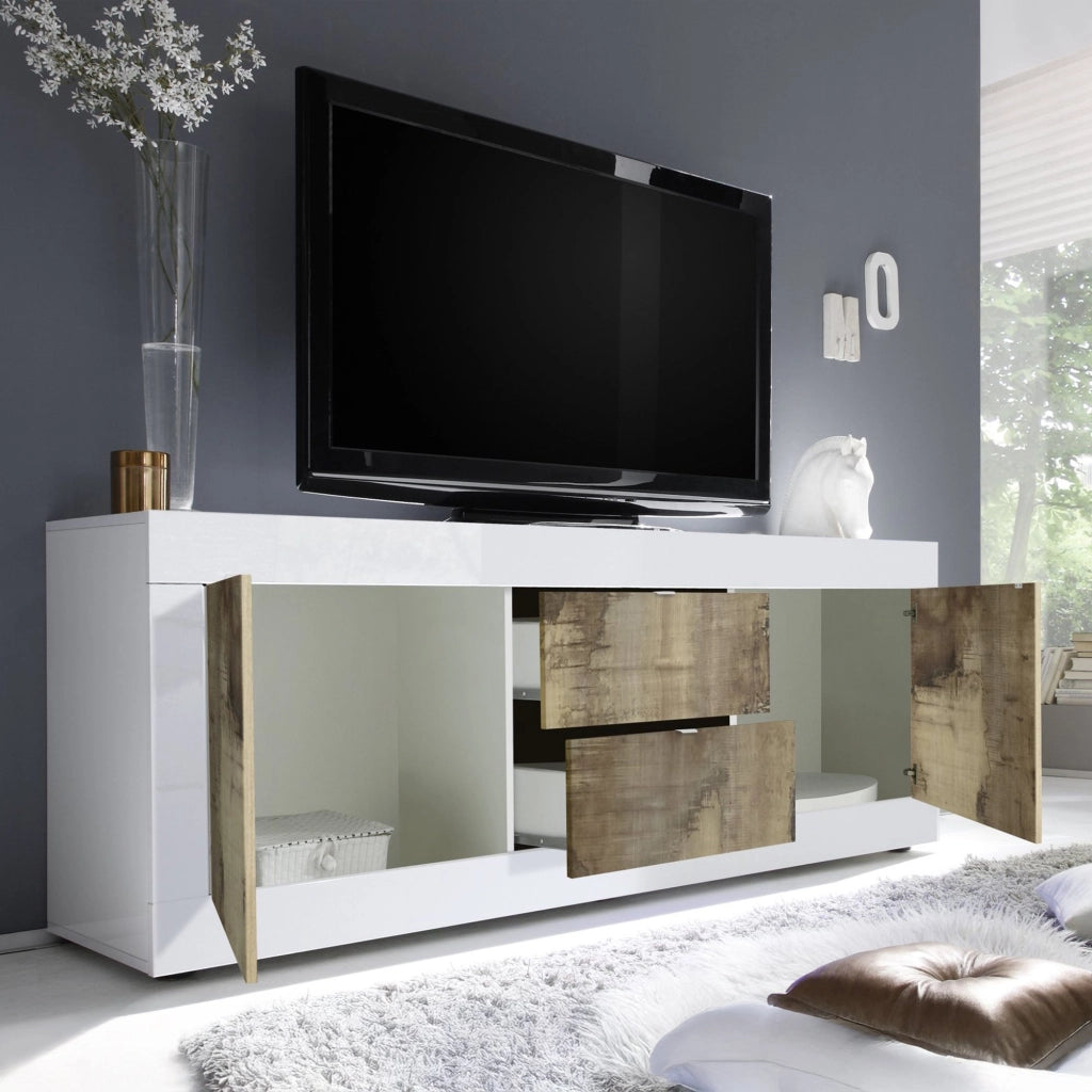 Sinello, Mobile Porta tv un Ripiano, 210x43x65h cm Bianco Lucido
