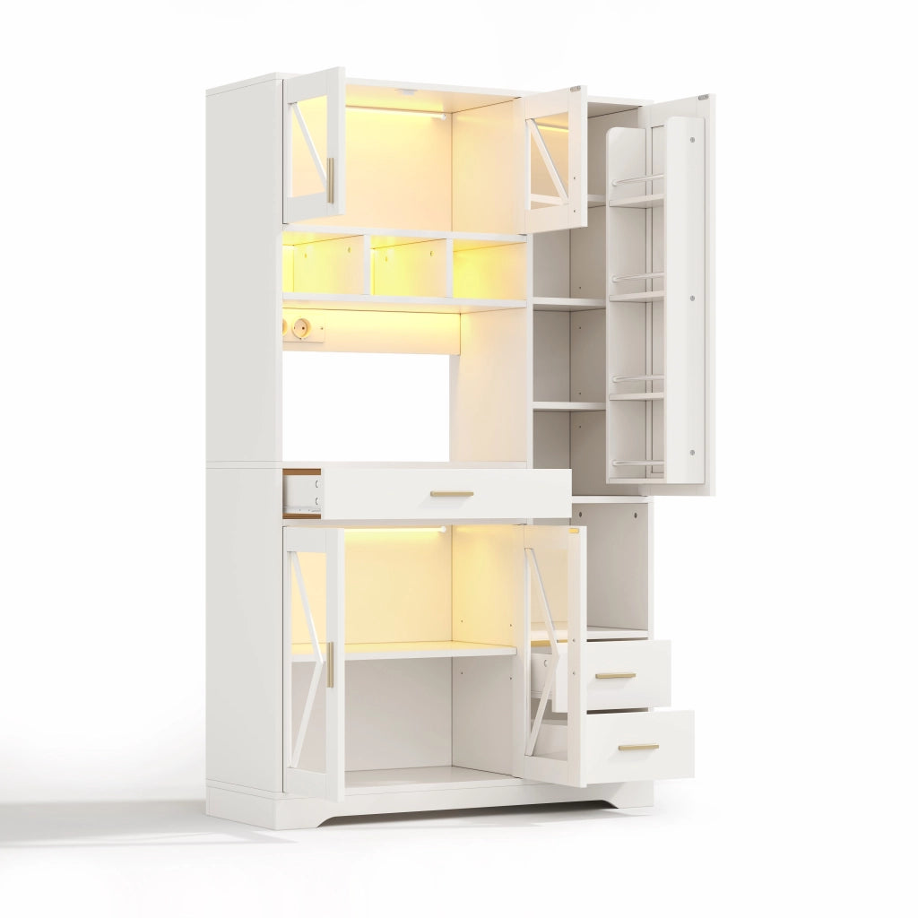 Credenza buffet vintage con LED RGB, prese integrate, ripiani regolabili e ante in vetro temperato, 105 × 40 × 185 cm, bianco