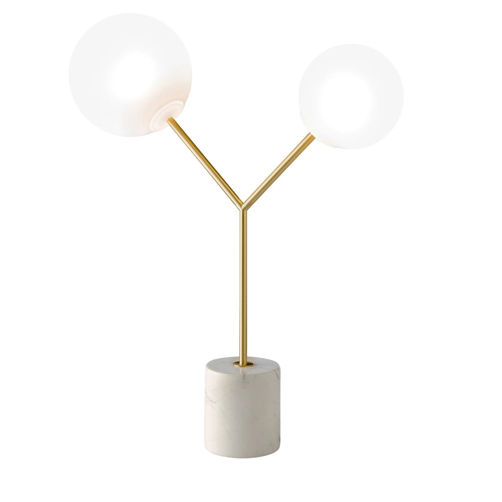 Lampada da tavolo in marmo bianco, acciaio dorato e vetro bianco