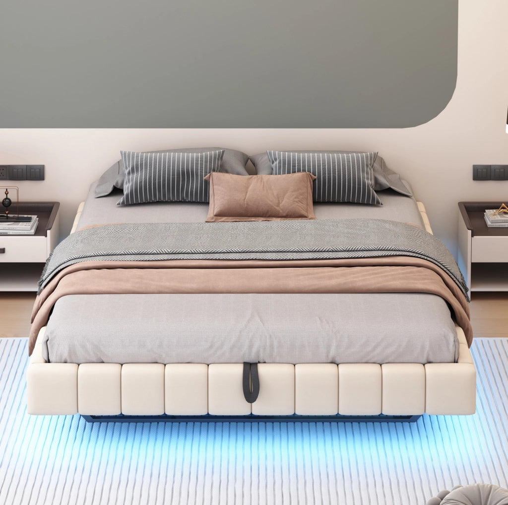Letto imbottito 180x200 cm sospeso con contenitore e LED in lino beige