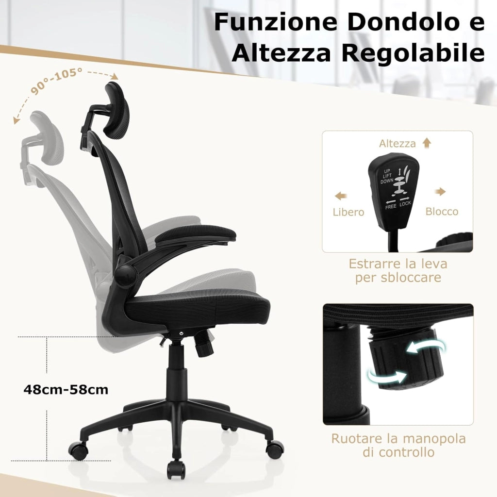 Sedia da Ufficio Ergonomica in Rete, Sedia Direzionale con Altezza Regolabile, Braccioli Ribaltabili, Poggiatesta e Supporto Lombare Regolabili, Sedia Girevole per Studio Casa, Portata 135 kg