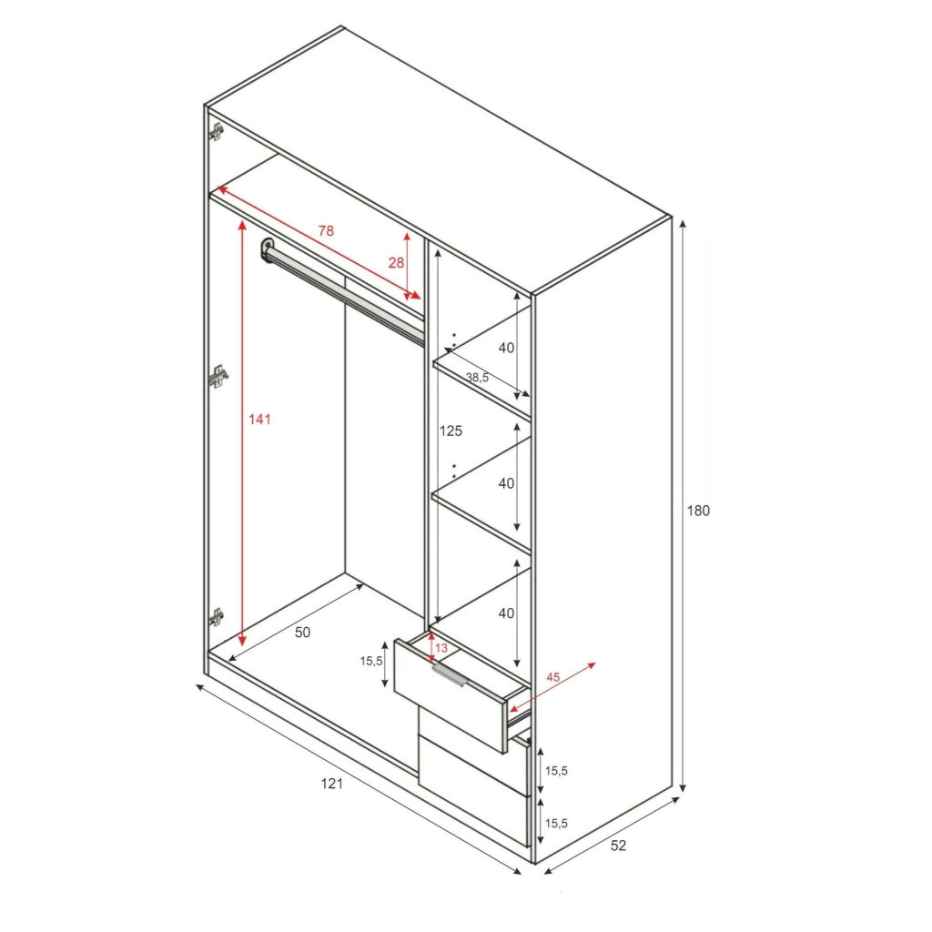 Guardaroba Apaches, Armadio per camera da letto a 3 ante e 3 cassetti, Mobile con barra appendiabiti e 3 ripiani cm 121x80h180, Rovere e Ossido
