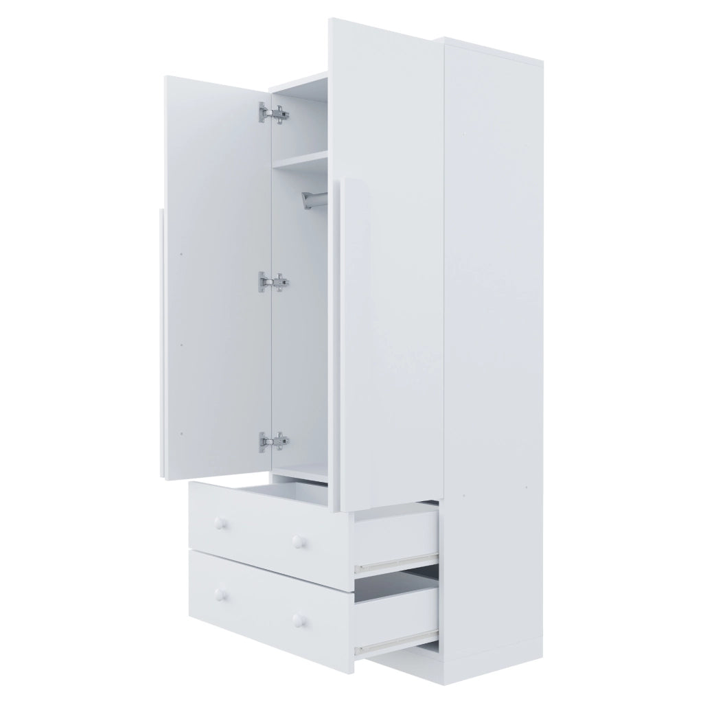 Armadio con 2 ante e 2 cassetti, 1 vano contenitore, per camera da letto, in legno, bianco, 70 × 40 × 170 cm