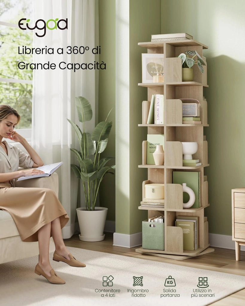 Libreria Girevole a 5 Livelli, Libreria Alta e Stretta, Scaffale d'Angolo a Pavimento, Scaffale Girevole per Libri, Rovere Chiaro