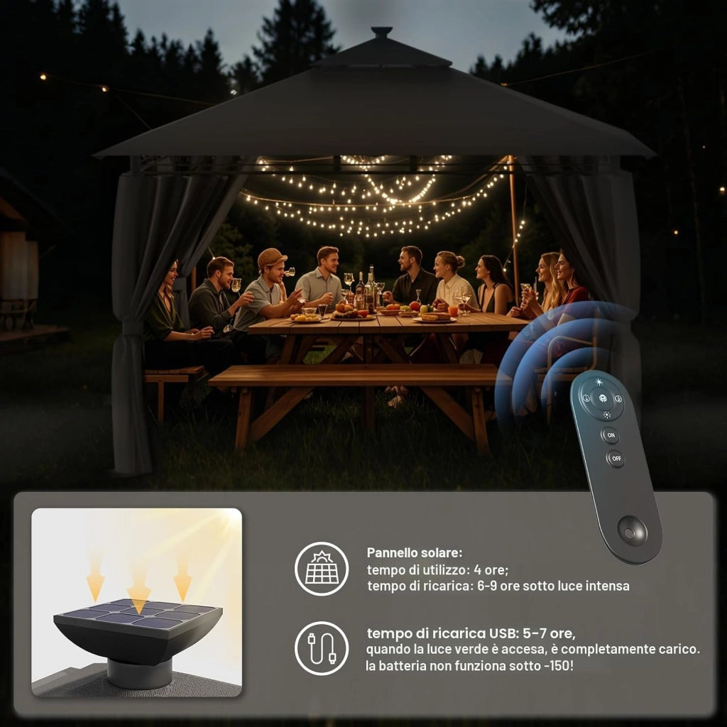 Gazebo Esterno Resistente 3x3m con Luce LED, Gazebo da Giardino Impermeabile Robusto per 4-6 Persone, Doppio Tetto Protezione UV50+, Tenda da Giardino per Famiglie Festival Eventi, Grigio