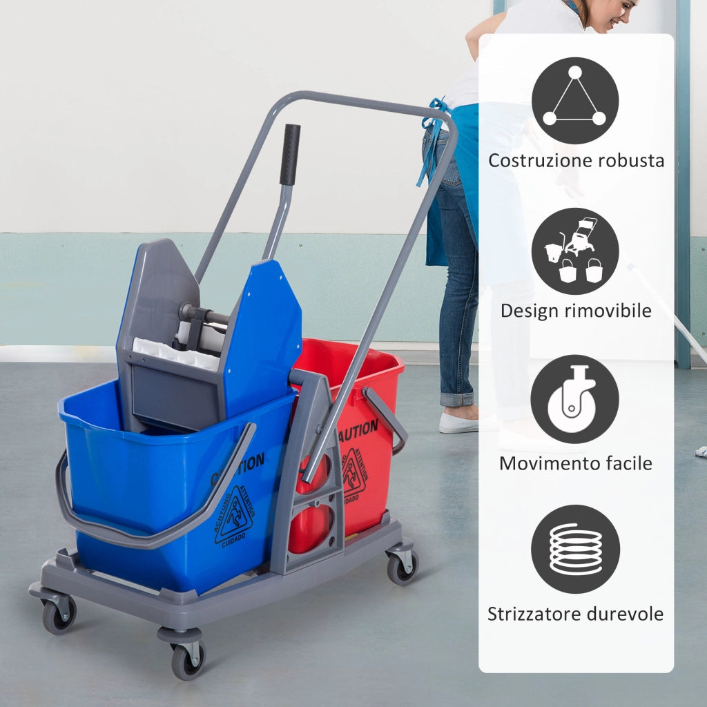Carrello delle Pulizie Professionale 2 Secchi Capacit¨¤ 25L Strizzatore 73 ¡Á 45 ¡Á 92cm