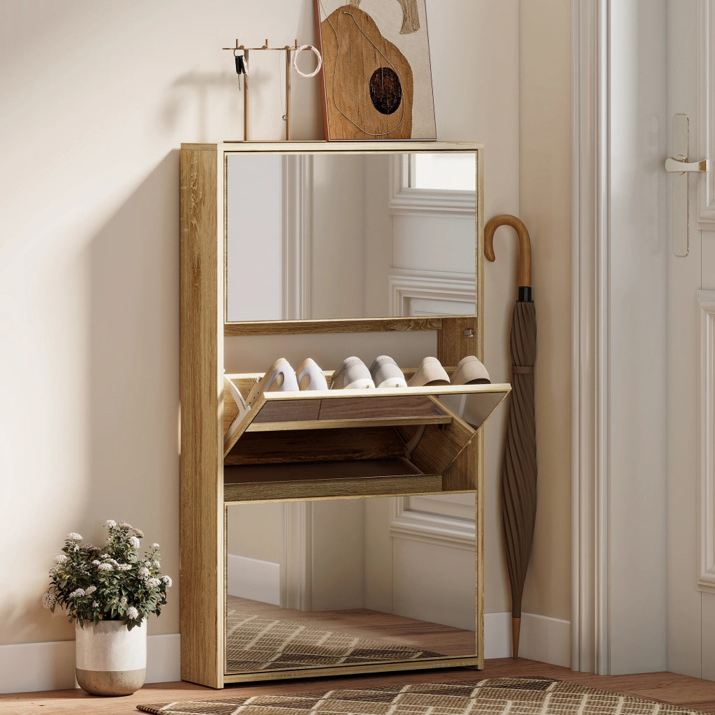 Scarpiera con specchio e 3 ante per ingresso ¨C zephmum ¨C legno naturale 65x17x114.5 cm