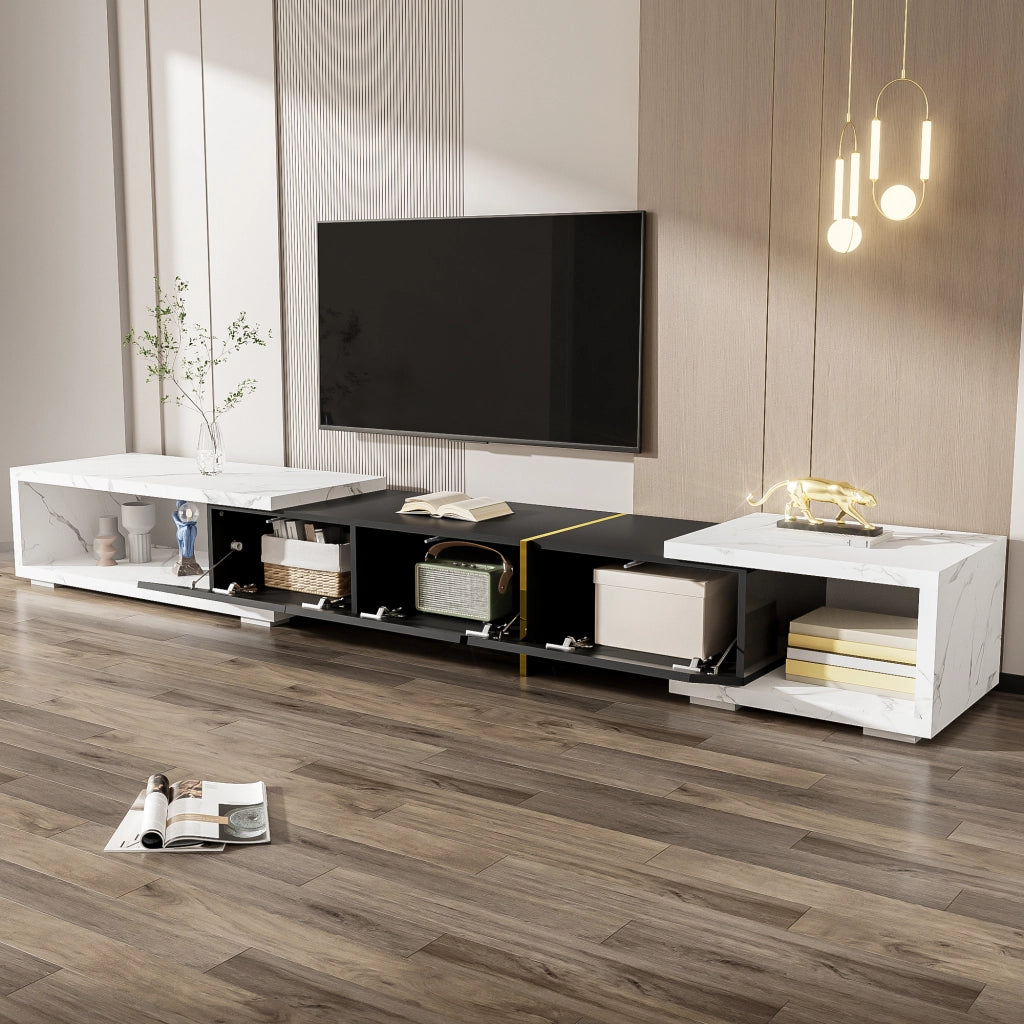 Mobile TV allungabile con rotazione e vano contenitore; per soggiorno; in MDF e pannelli di particelle; Nero; Bianco marmo