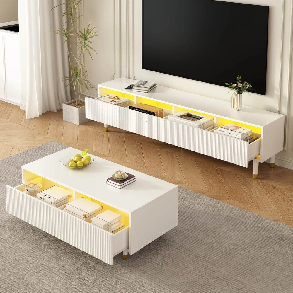 Tavolino da Caff¨¨ con LED e Cassetti ¨C MINIMAL ¨C Bianco e Oro, Piano Ondulato