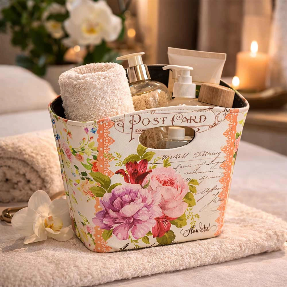 Borsetta Contenitore Flowers con manici fantasia floreale cm 28,5 x 11 x h 23,5