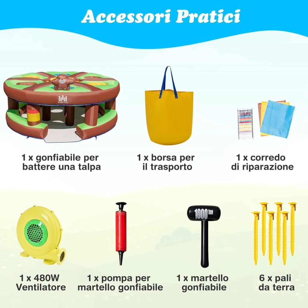Giocattolo Gonfiabile per Bambini con Acchiappa la Talpa, Castello Gonfiabile per Bambini con Soffiatore, Borsa di Trasporto e Kit di Riparazione, 3-10 anni, 256 x 256 x 120cm