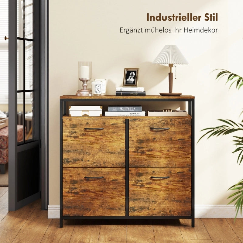 Scarpiera con 4 ante ribaltabili e ripiano aperto, stile industriale, per ingresso, in legno, 98 × 24 × 95 cm
