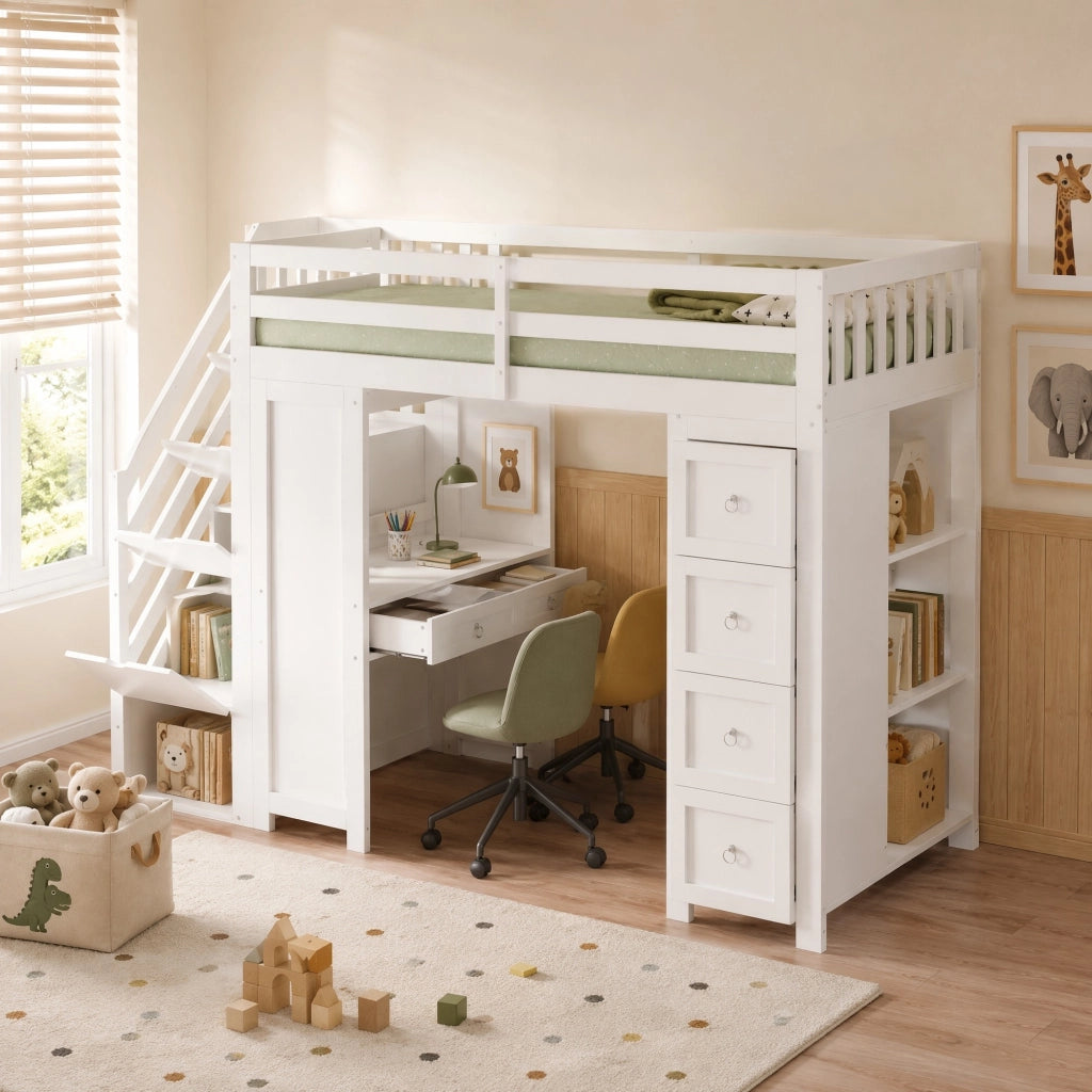 Letto a soppalco per bambini 90x200 cm bianco con scrivania