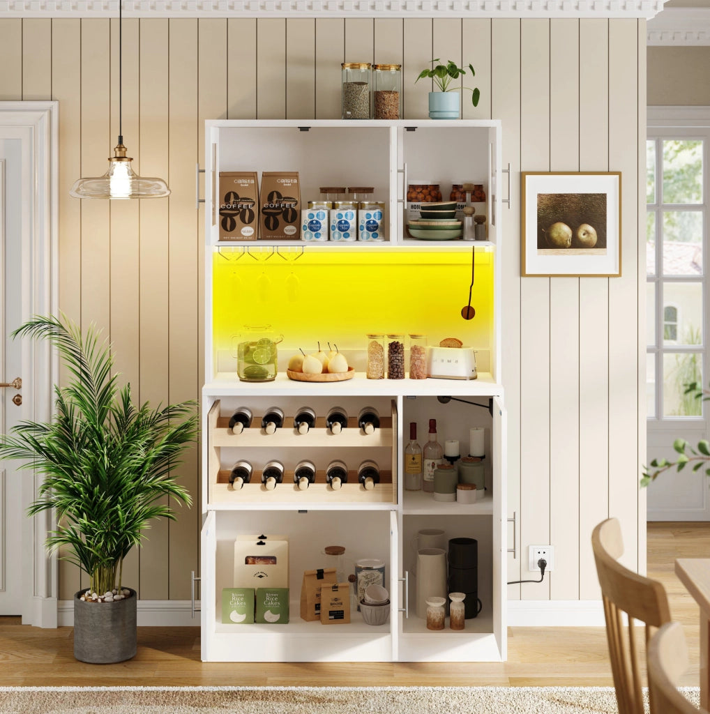 Credenza cucina 100x40x180 cm con LED RGB; presa integrata e vetro zigrinato in MDF bianco