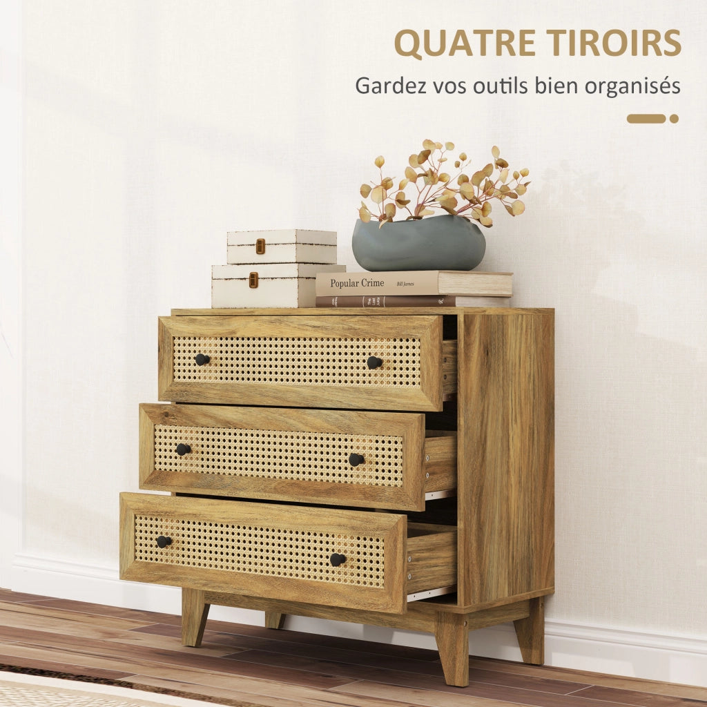 Cassettiera 3 cassetti in legno chiaro con inserto in rotin naturale ¨C Xylo ¨C 80x35x76 cm