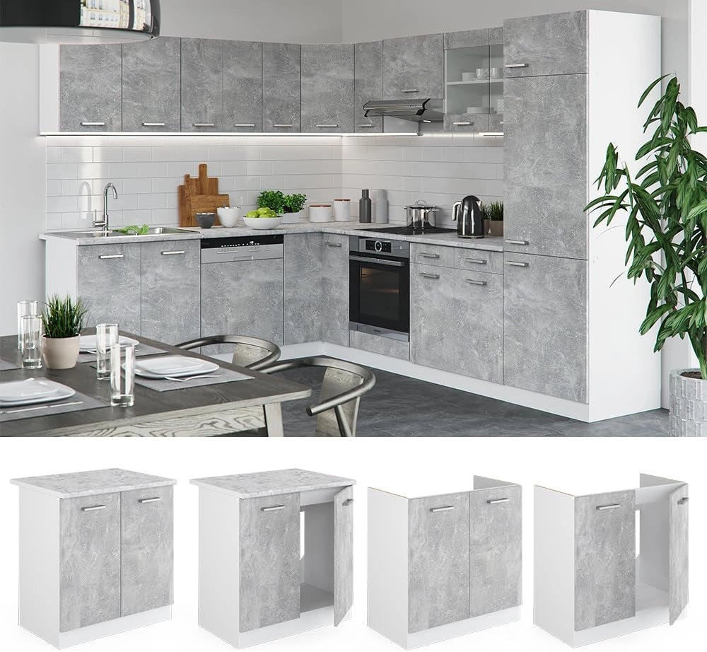 Mobile lavello cucina R-Line, Calcestruzzo, 80 cm, PL Marmo, per la libera combinazione all'interno di sistemi cucina modulari