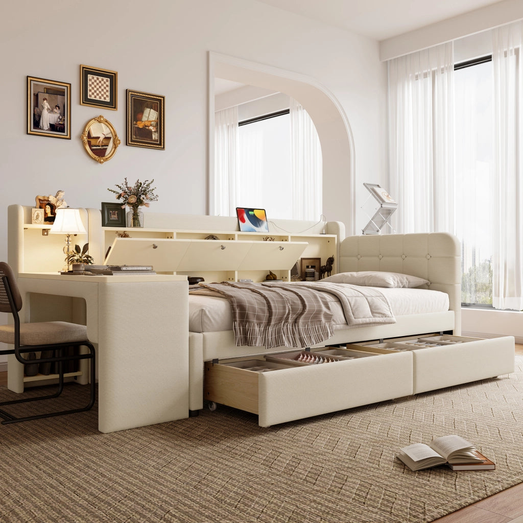 DESMIU Letto banquette 90 × 200 cm 1 posto con 2 cassetti, scrivania, USB e Type-C, senza materasso, beige