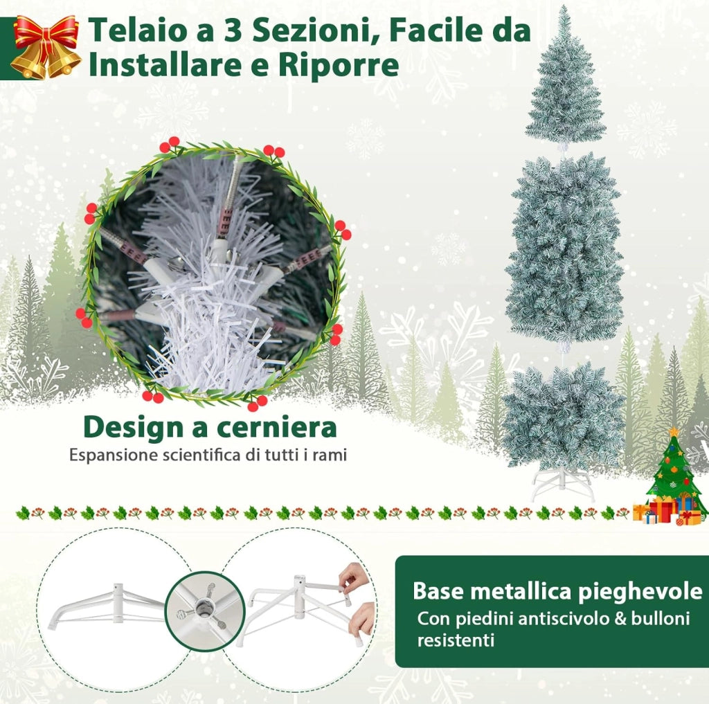 Albero di Natale Slim 150/180 cm, Albero con 190/250 Luci LED Colorate, Base in Metallo Pieghevole, Per Casa e Ufficio (180 cm)