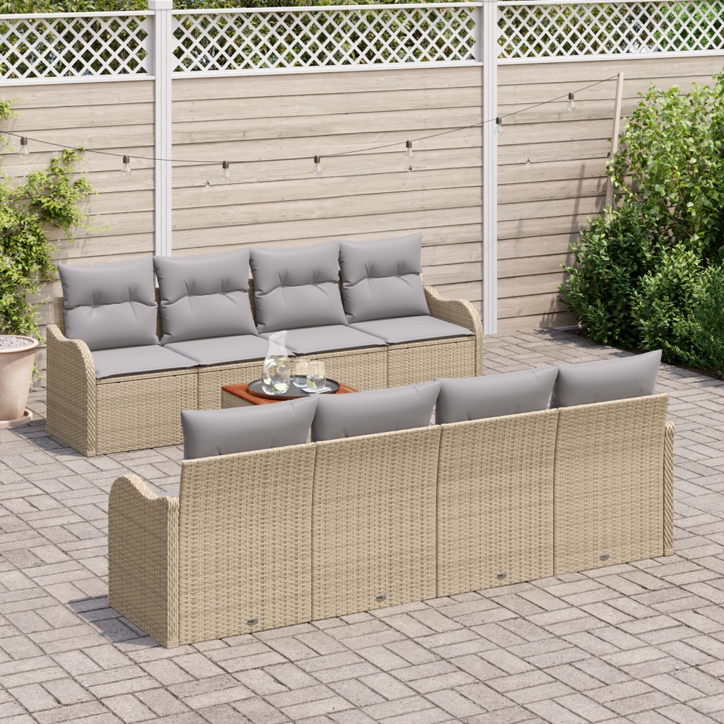 Set Divano da Giardino 9 Pezzi con Cuscini Beige Polyrattan Acacia