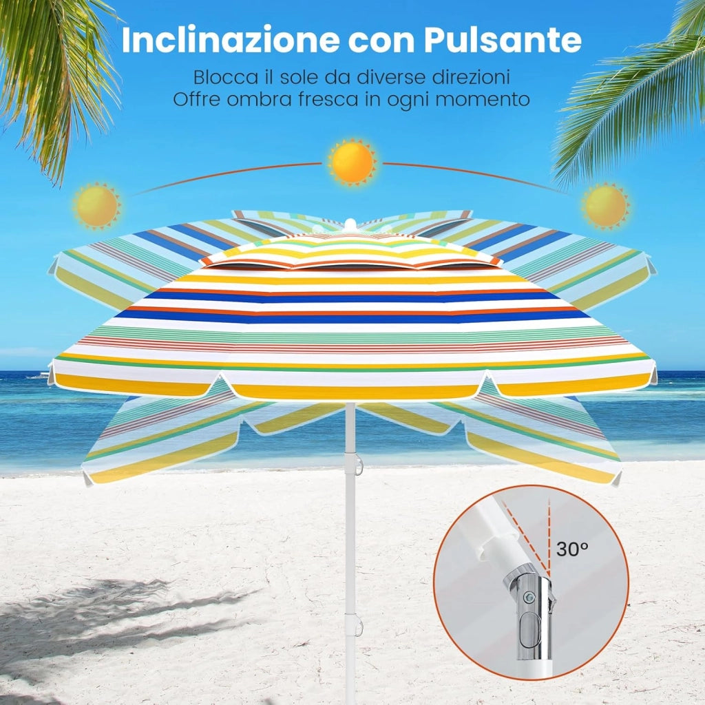 Ombrellone da Spiaggia da 179 cm, Protezione Solare, Ombrellone da Esterno Portatile con Inclinazione Regolabile, Borsa per il Trasporto, per Patio, Giardino, Cortile