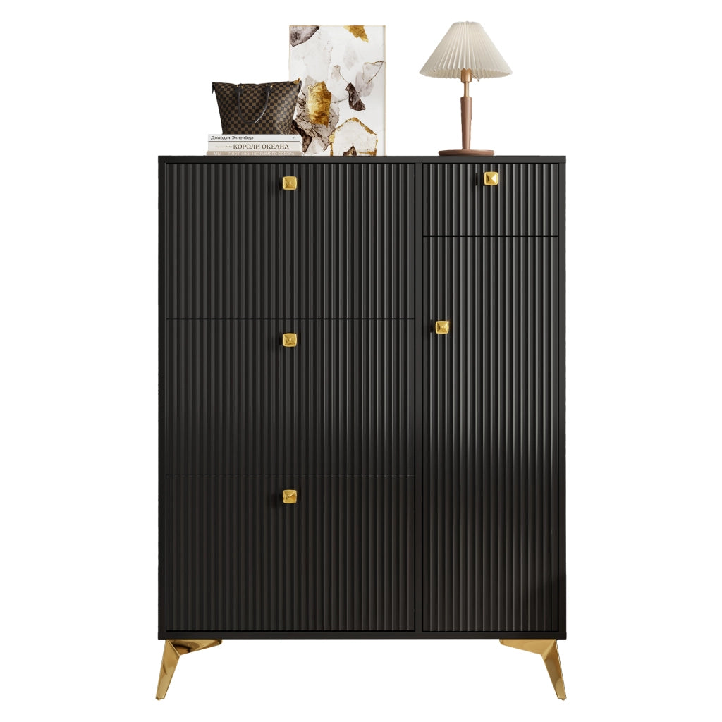 Scarpiera con 3 ante a ribalta 1 cassetto e 1 anta, superficie ondulata, maniglie in metallo, per ingresso, nero, 90 × 25 × 121 cm