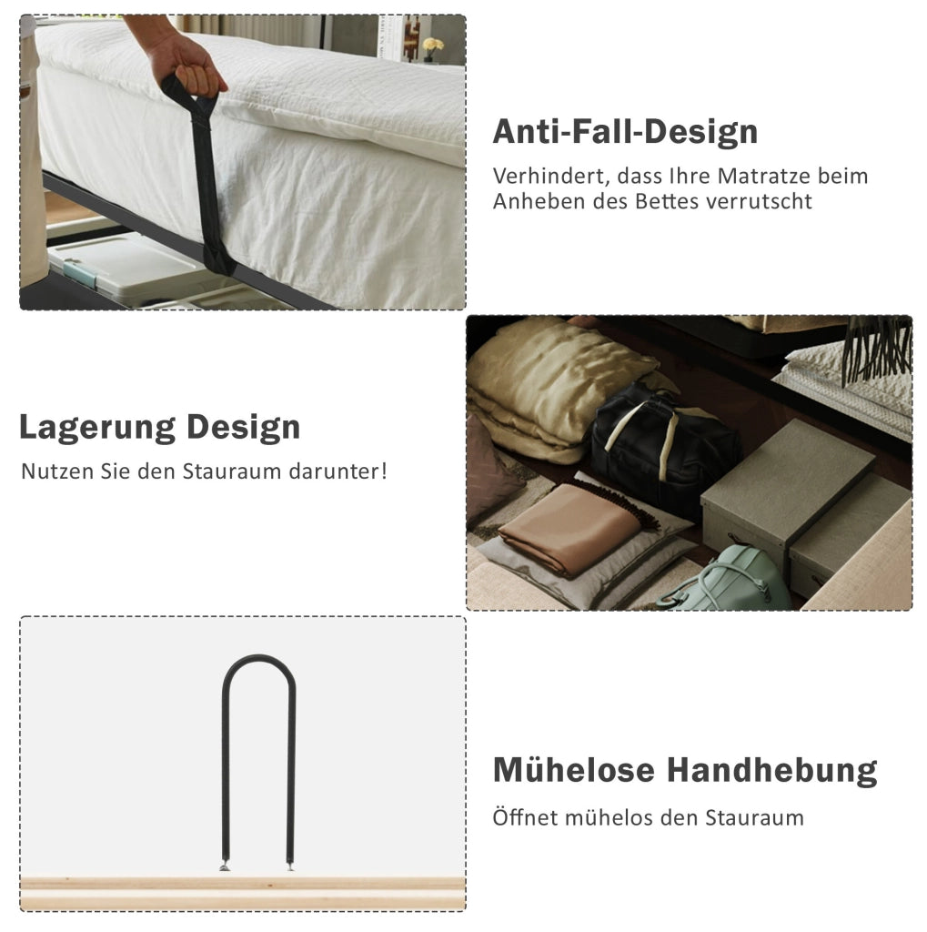 Letto 180x200 con contenitore, comodini e luci USB-C grigio