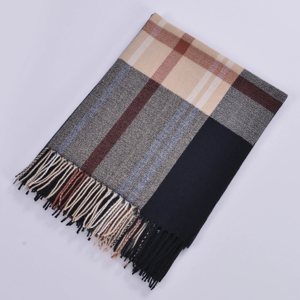 Sciarpa da donna double-face con nappe, stile classico, fantasia a quadri colorata, sciarpa calda