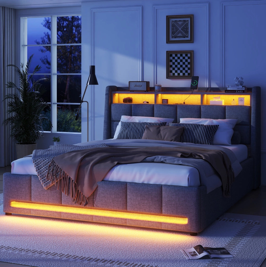 Letto imbottito 140×200 cm grigio in lino con LED, USB, cassetti e vano contenitore