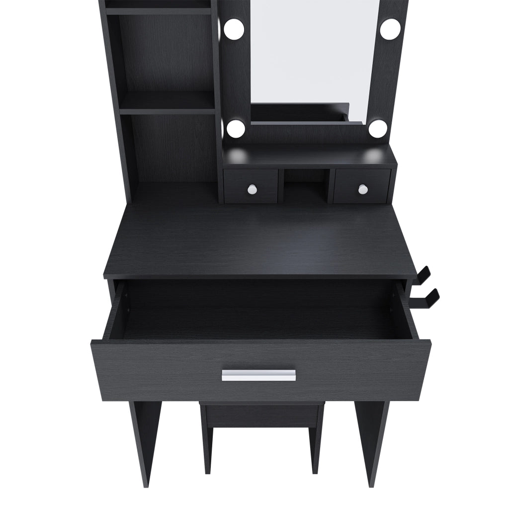 Tavolo da trucco con specchio LED regolabile, presa, porta-asciugacapelli e sgabello, nero