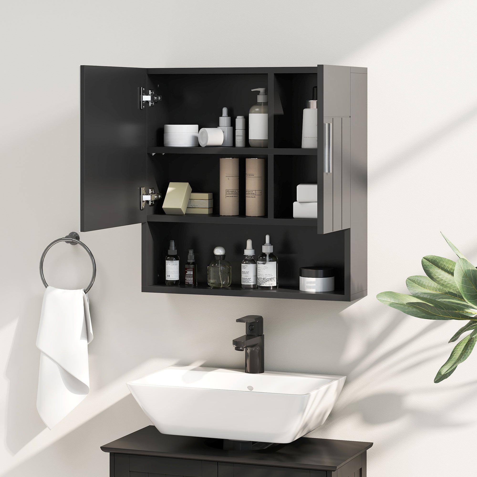 Armadietto a Specchio per Bagno 54x15,2x55,3 cm con Ripiano Aperto in Legno Nero