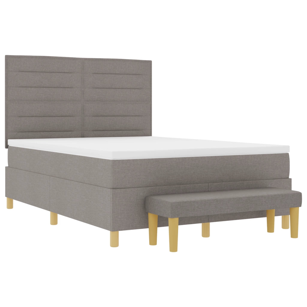 Letto con Box Spring e Materasso e Panchina Tortora 140x190 cm in Tessuto