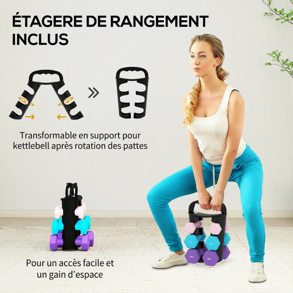 Set di manubri esagonali ¨C zephmum ¨C 2x1kg, 2x2kg, 2x3kg con supporto