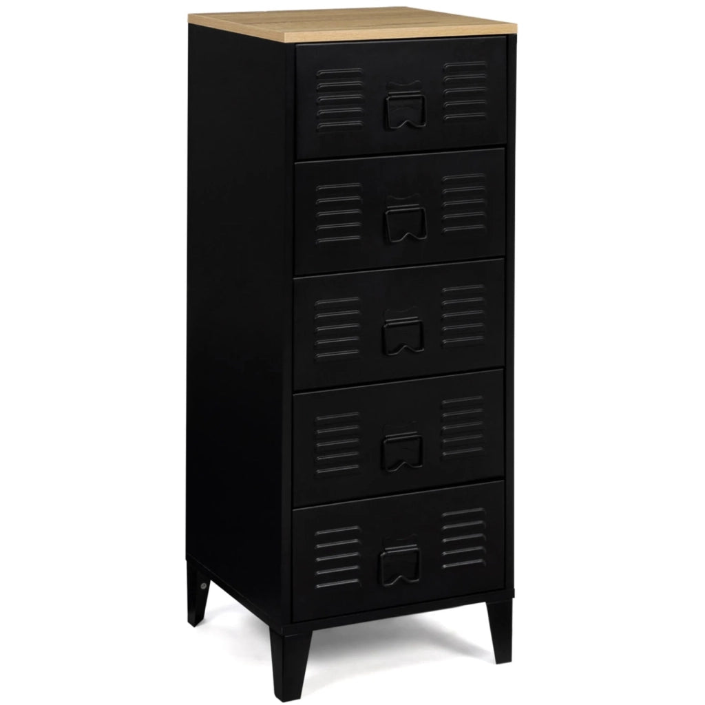 IDMarket - Cassettiera ESTER a 5 cassetti, 40 cm, metallo nero e piano in faggio in stile industriale